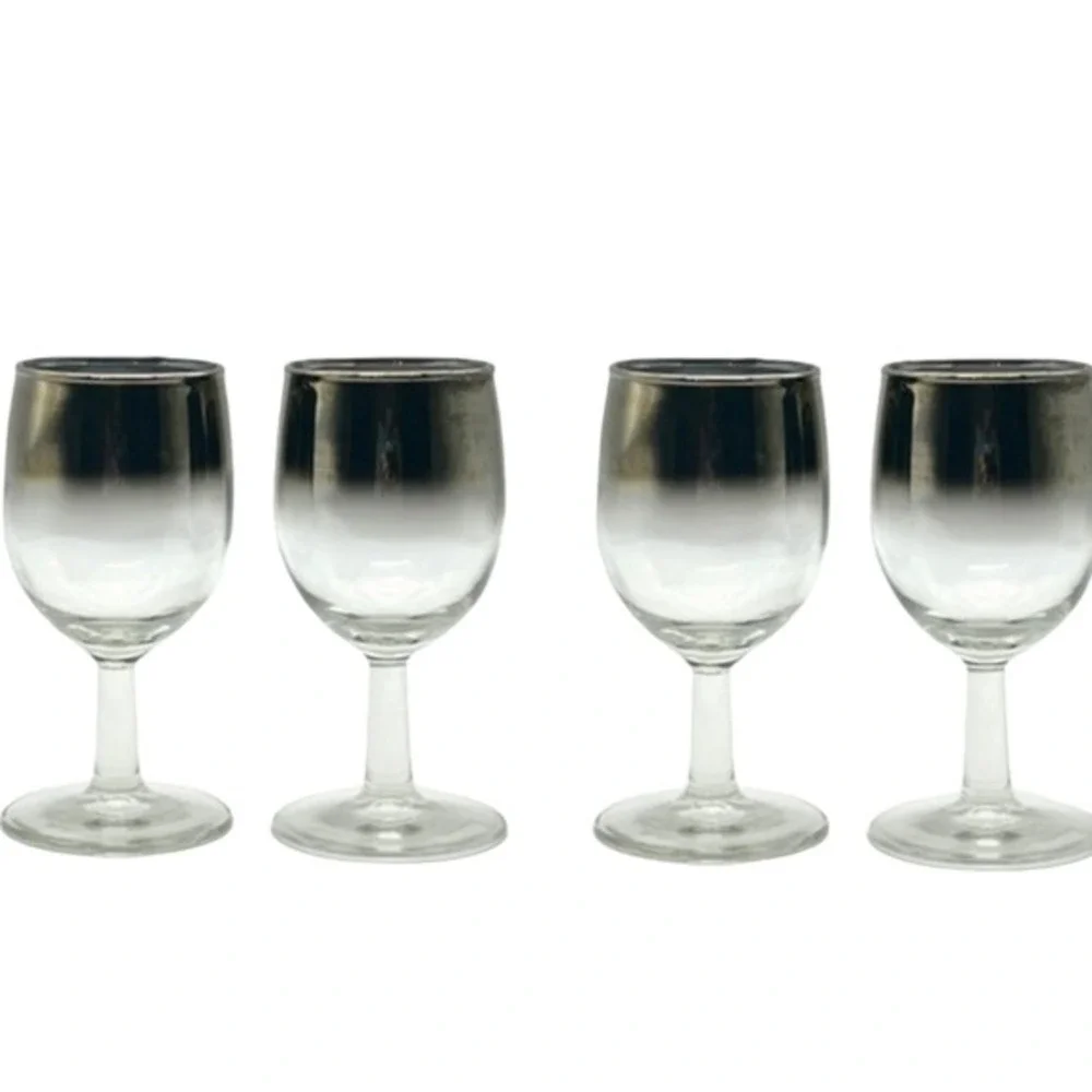 Vintage MCM Silver Ombre Glass Wine Decanter and 4 Stemmed Wine Glasses‎ Barware